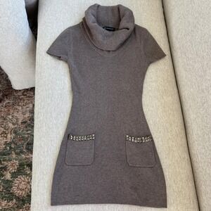 Y2K INC Studded Pocket Knit Tunic M Brown Cowl Neck Ribbed Y2K Whimsigoth Grunge